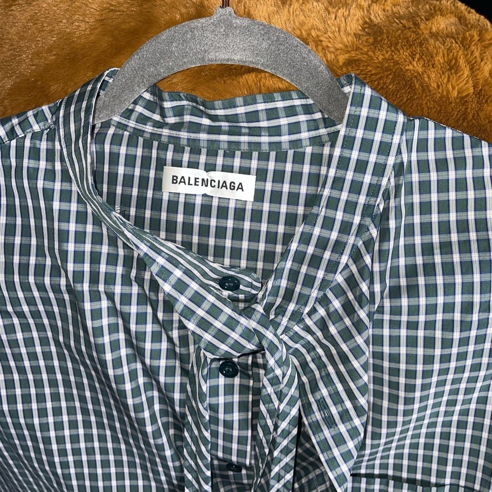 Balenciaga Green New Swing Pussy-Bow Oversized Checked Logo Shirt - Picture 11 of 13